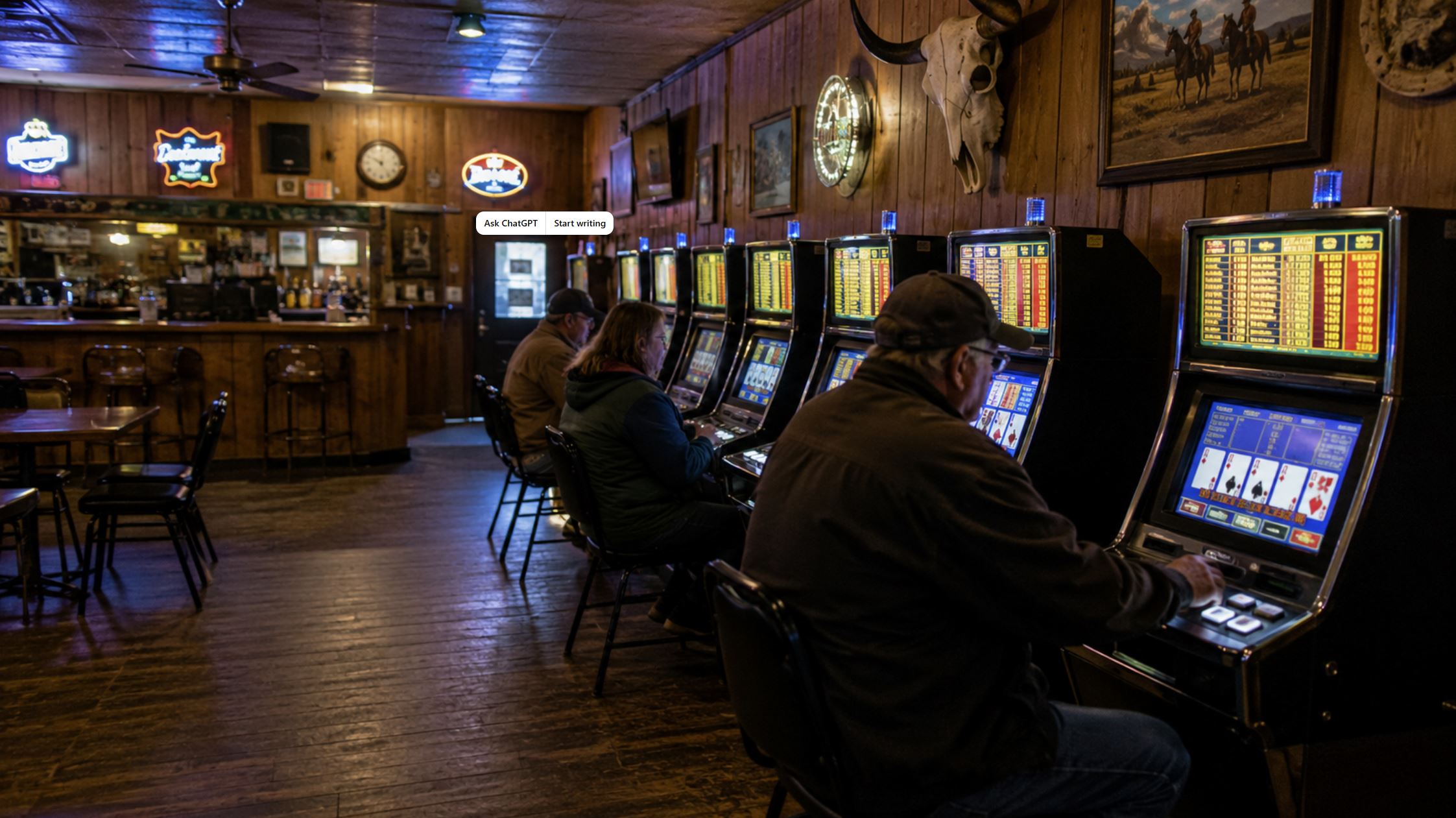 Video gambling machines inside a Montana bar, illustrating the state's video gambling industry during the 2014 revenue decline.