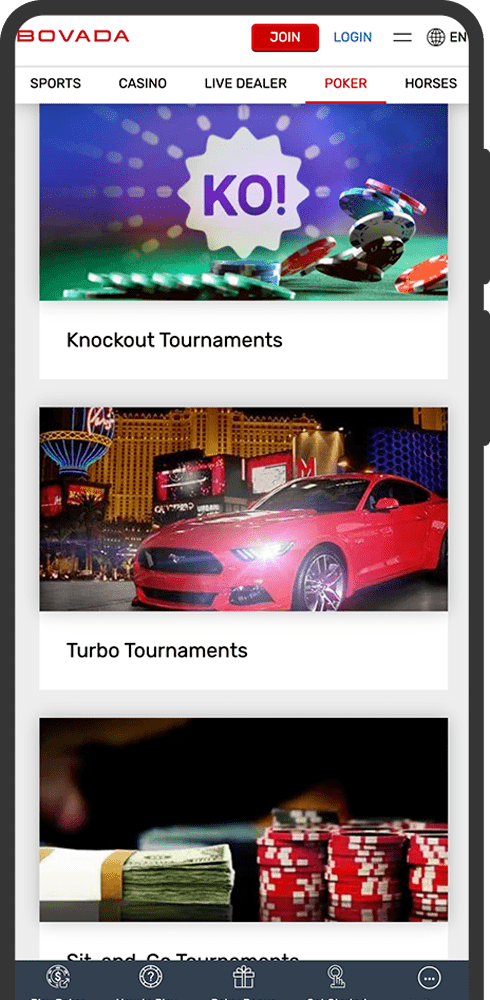 Bovada mobile view of the platform