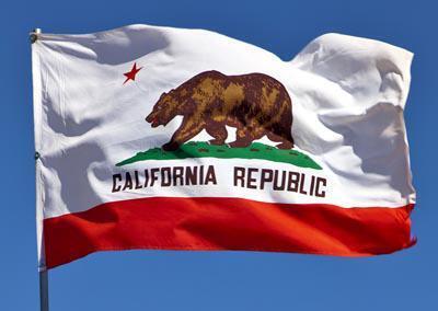 The California flag waving in the air. It features a red star, a brown bear and the words "California Republic".