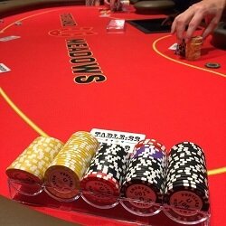 A rack of chips at the Portland Meadows poker room.