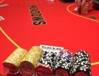 A rack of chips at the Portland Meadows poker room.