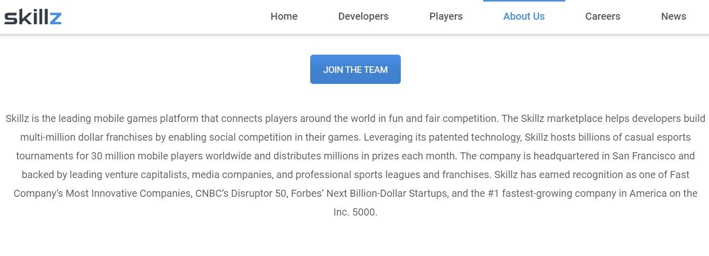 Skillz about us page