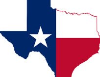 The Texas state flag on a map of Texas.