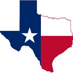 The Texas state flag on a map of Texas.