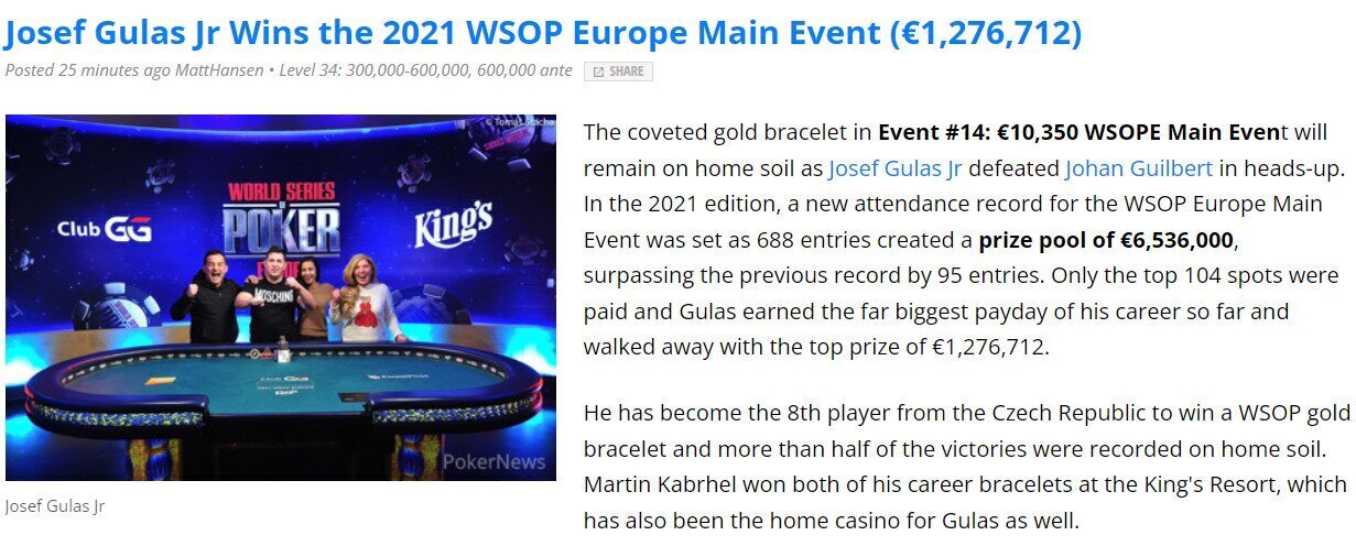 2021 WSOP Europe Main Event finale