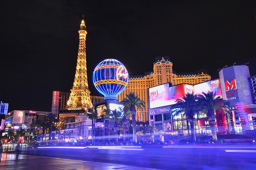 Las Vegas strip at night featuring Paris hotel