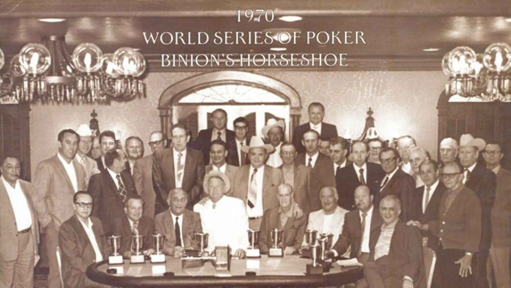 1970 photo of the World Series of Poker at Binion's horseshoe, in Las Vegas