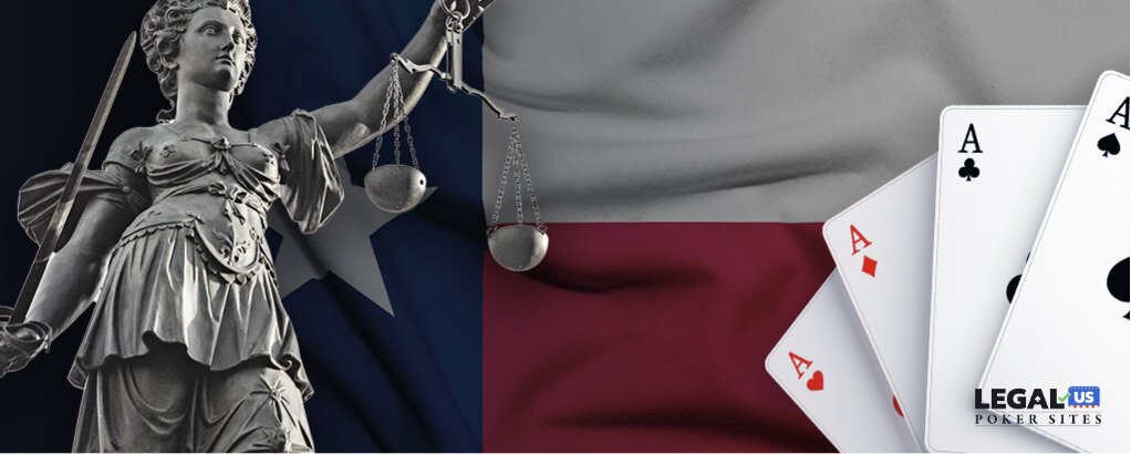The legal statue and 4 playing cards with the Texas State Flag as the back drop.