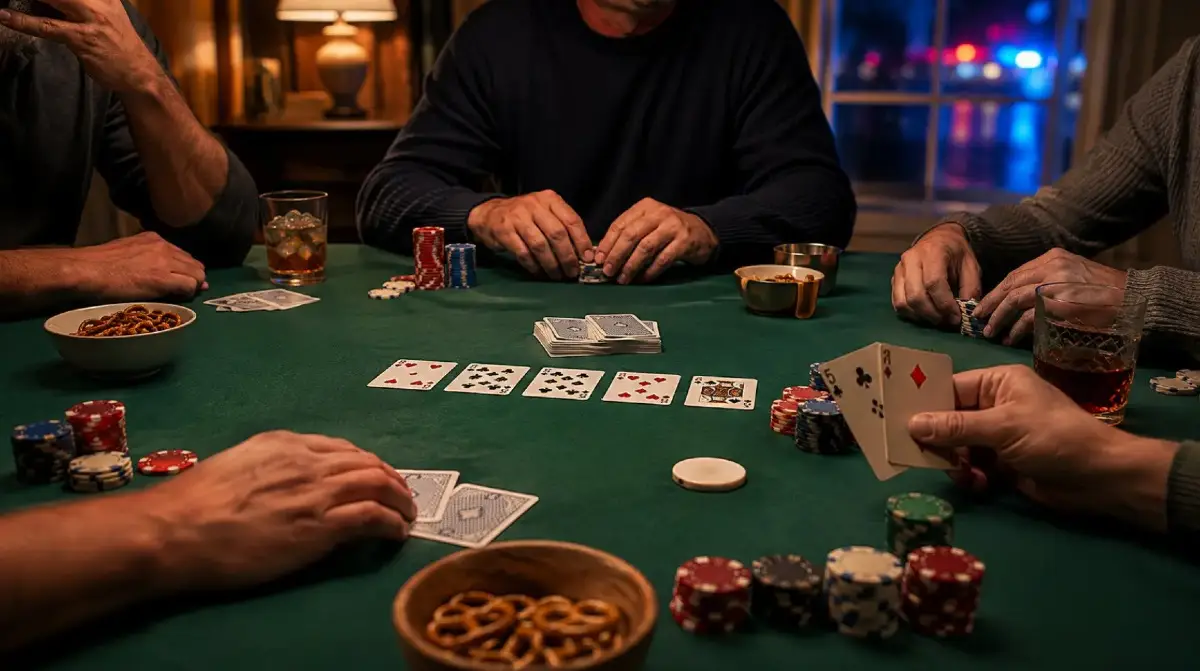 Friends play poker around a table at home while police lights glow outside