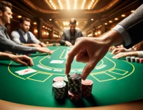 Player making a continuation bet (c-bet) by pushing poker chips into the center of a Texas Hold'em table