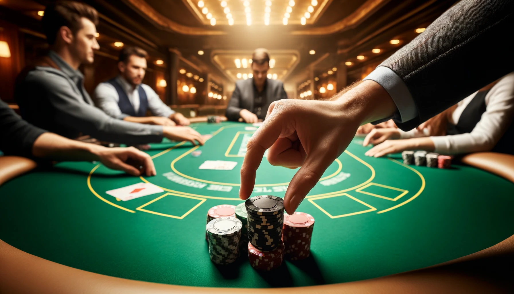 Player making a continuation bet (c-bet) by pushing poker chips into the center of a Texas Hold'em table