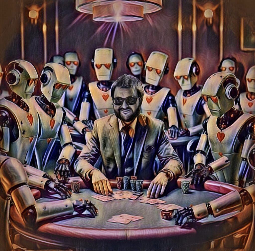 Bots surrounding a guy playing poker