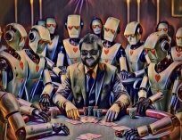 Bots surrounding a guy playing poker