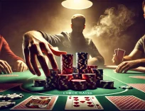 A person shrouded in shadow playing poker at a table with two other people and check raising, putting chips into a pot