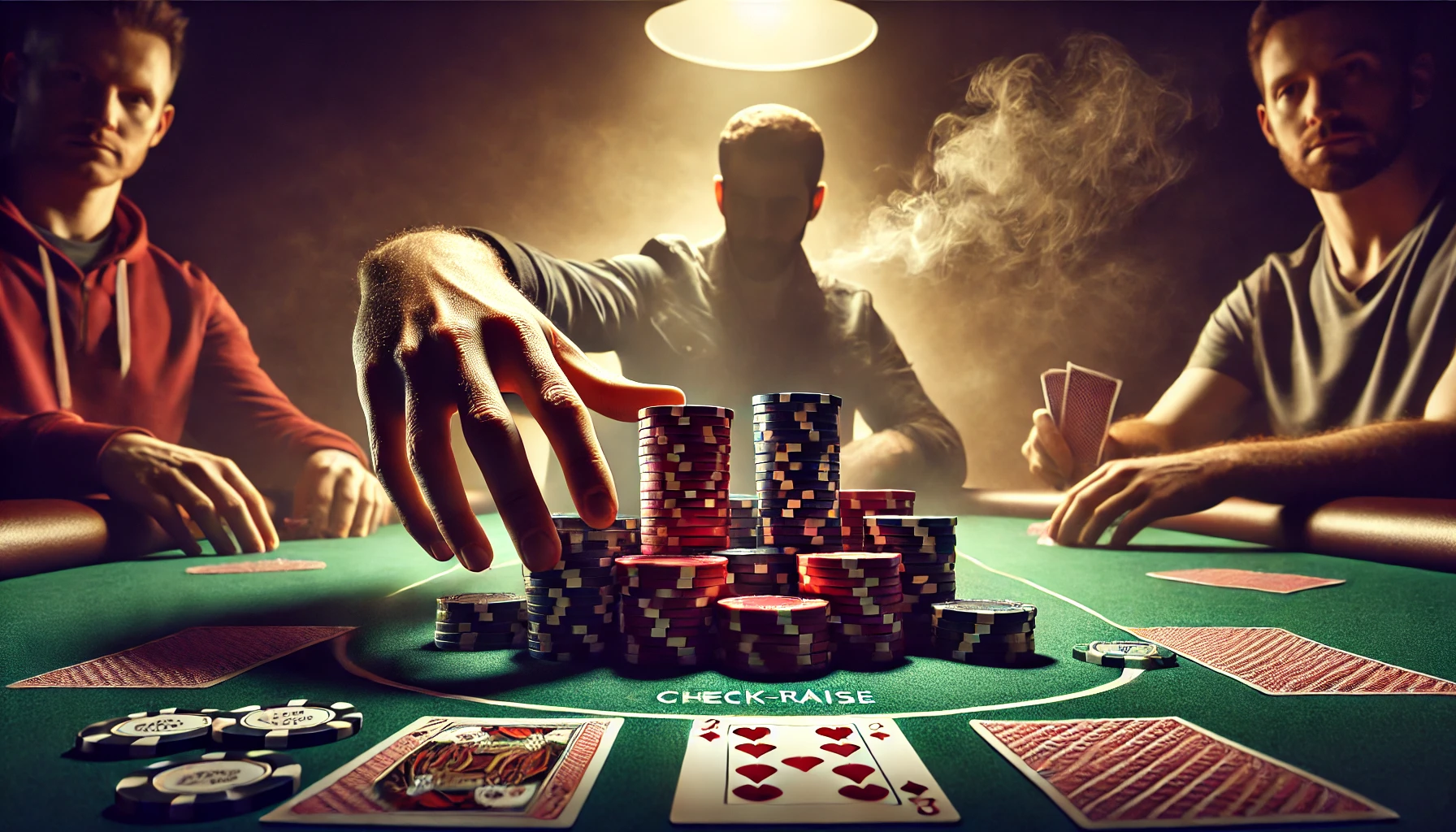 A person shrouded in shadow playing poker at a table with two other people and check raising, putting chips into a pot