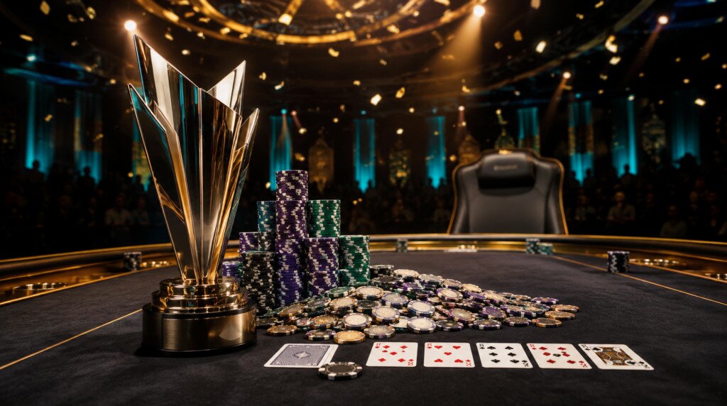 Poker trophy and championship chips represent Dylan Smith’s WPT title win before the WPT World Championship.