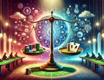A-surreal-illustration-of-a-poker-table-in-a-vibrant-casino-environment-with-symbolic-representations-of-experimentation-balance-and-life-lessons
