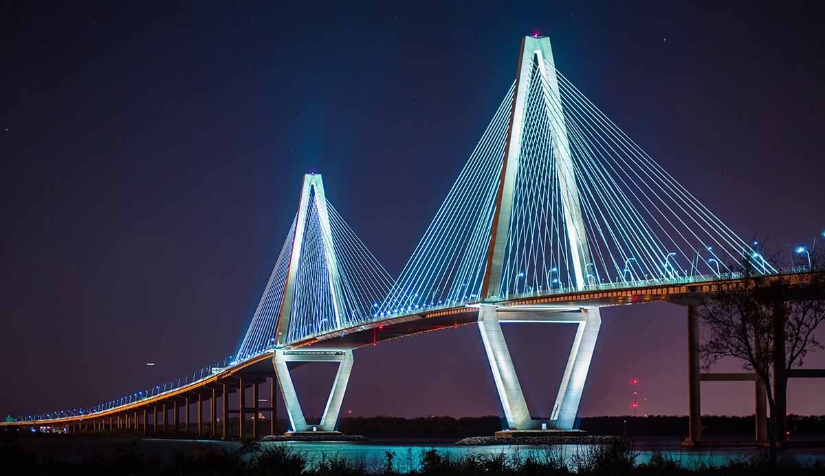 The Arthur Ravenel, Jr. Bridge in Charleston, South Carolina pictured at night.