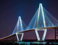 The Arthur Ravenel, Jr. Bridge in Charleston, South Carolina pictured at night.