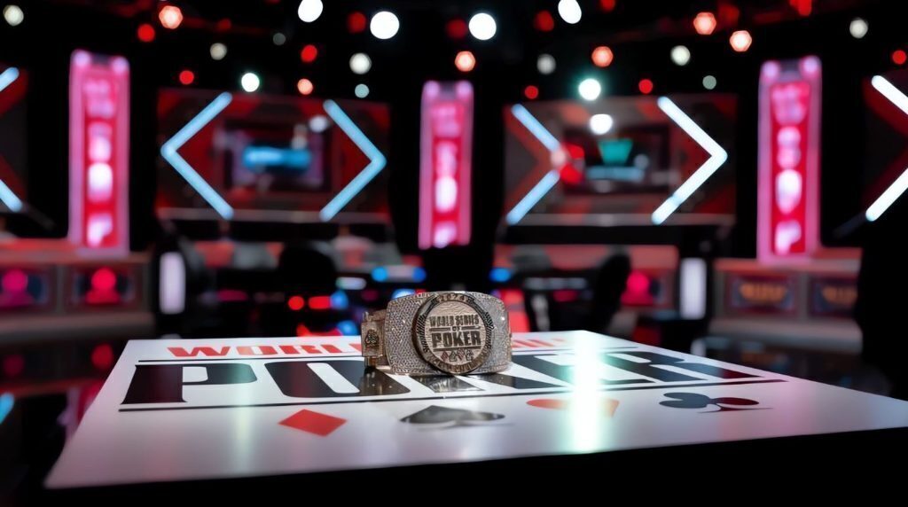 World Series of Poker bracelet on a branded poker table, with a blurred WSOP final table stage in the background.