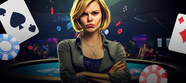 woman pouting on a backdrop of cards and poker chips