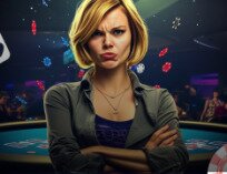 darker image of woman pouting on a backdrop of cards and poker chips