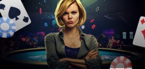 darker image of woman pouting on a backdrop of cards and poker chips