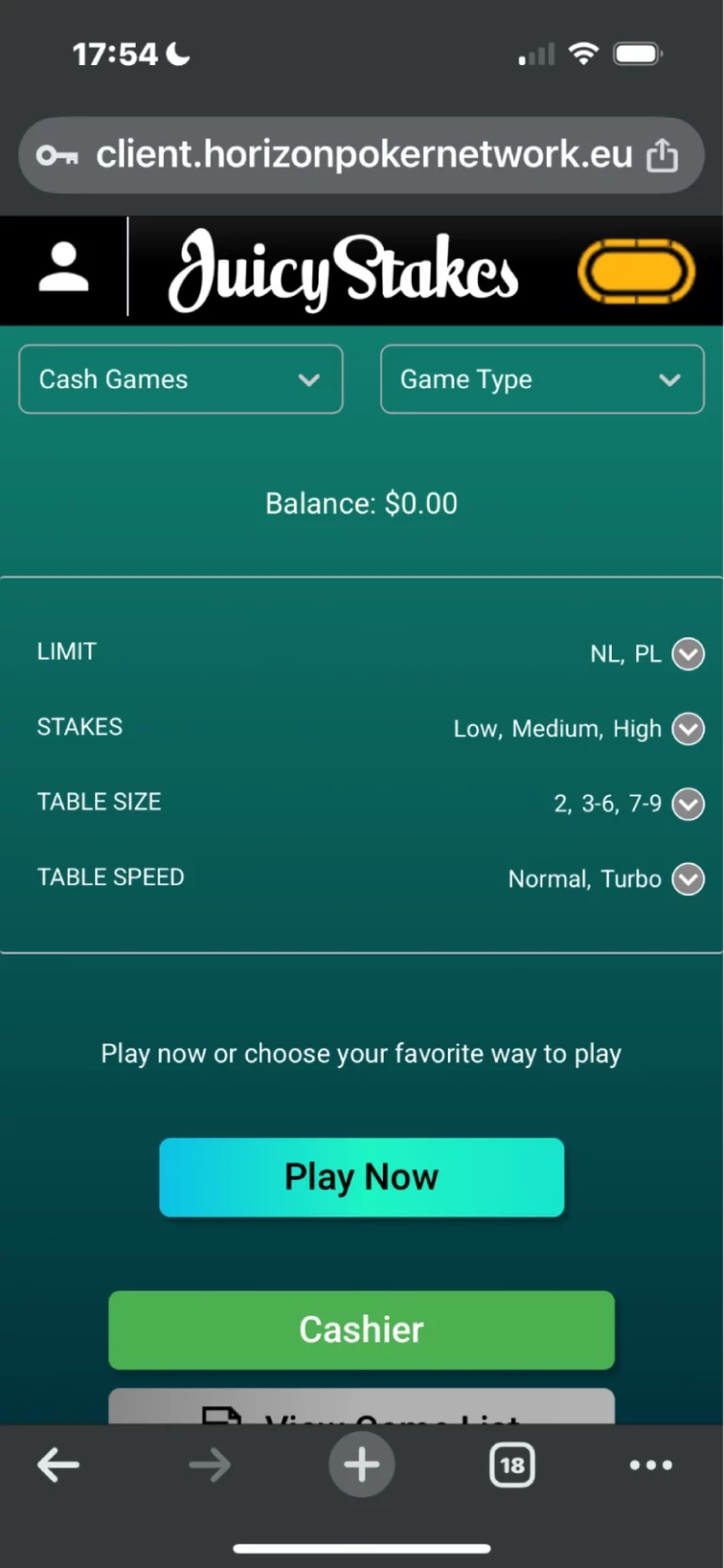 Game filter and lobby landing area mobile version