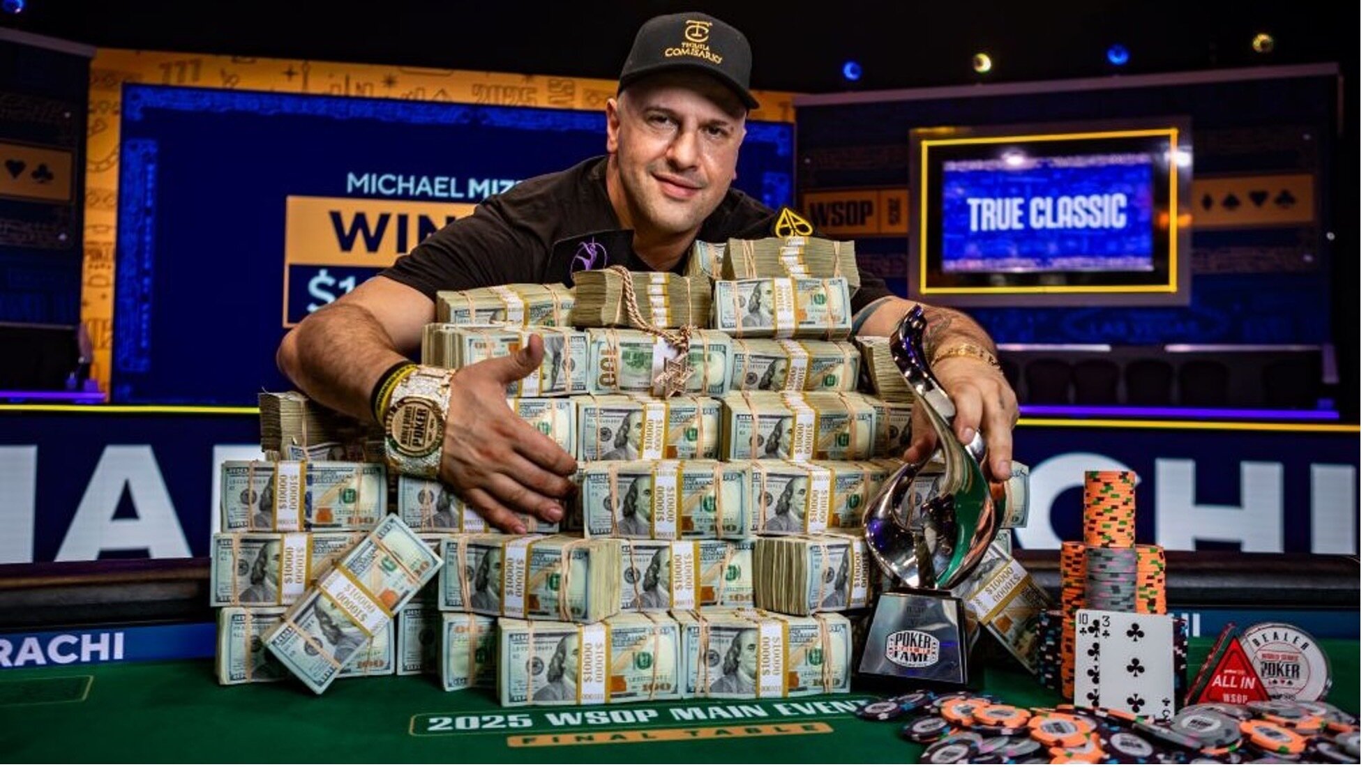michael mizrachi with stack of cash at WSOP Main Event