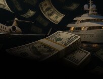 Money floating in space in front of a background with a yacht