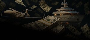 Money floating in space in front of a background with a yacht
