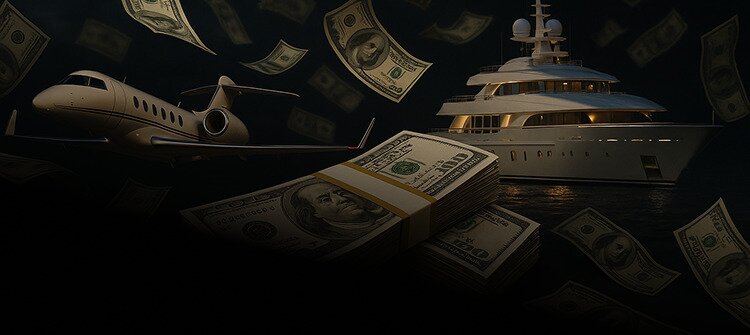 Money floating in space in front of a background with a yacht