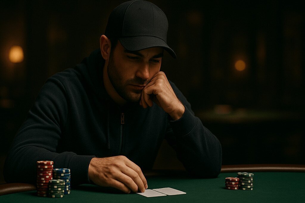 Man Making Pre Flop Decision in Texas Holdem Poker With Chips and Hole Cards