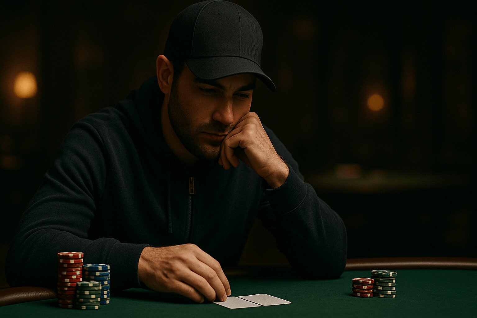 Man Making Pre Flop Decision in Texas Holdem Poker With Chips and Hole Cards
