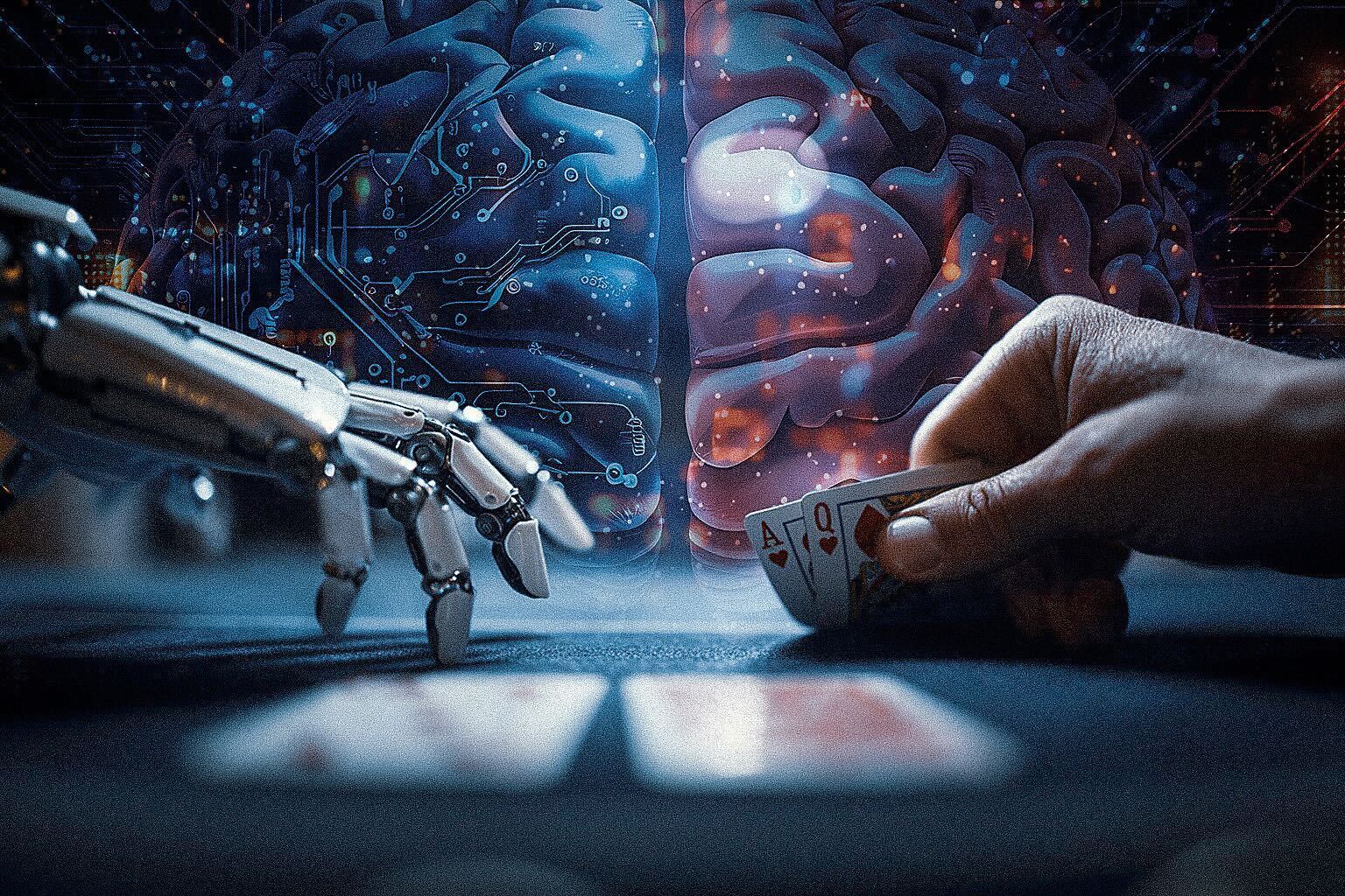 An AI hand and a human hand with cards at play