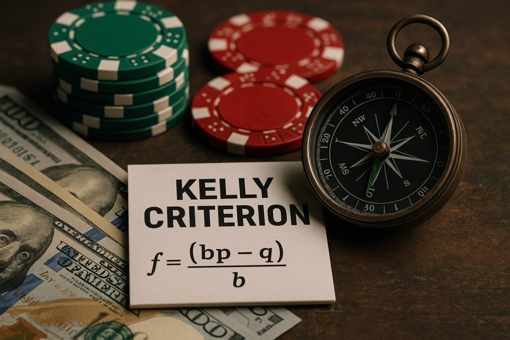The Kelly Criterion equation amongst a compass, poker chips, and cash