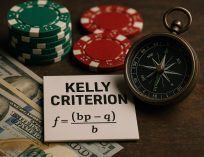 The Kelly Criterion equation amongst a compass, poker chips, and cash