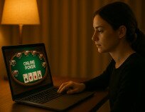 Woman playing online poker at night
