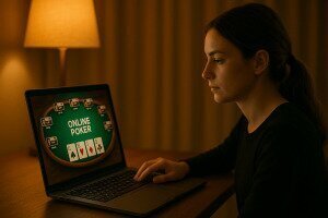 Woman playing online poker at night