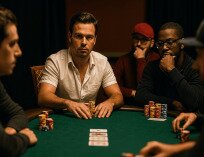 A man preparing to semi-bluff at the poker table with other players