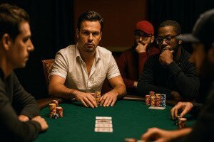 A man preparing to semi-bluff at the poker table with other players