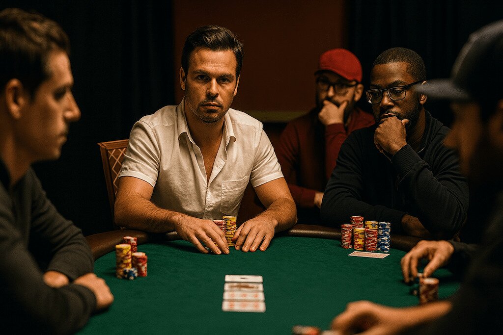 A man preparing to semi-bluff at the poker table with other players