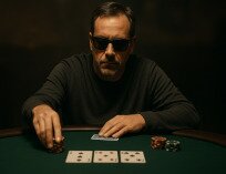Middle aged man in dark background placing a 3 bet at a poker table