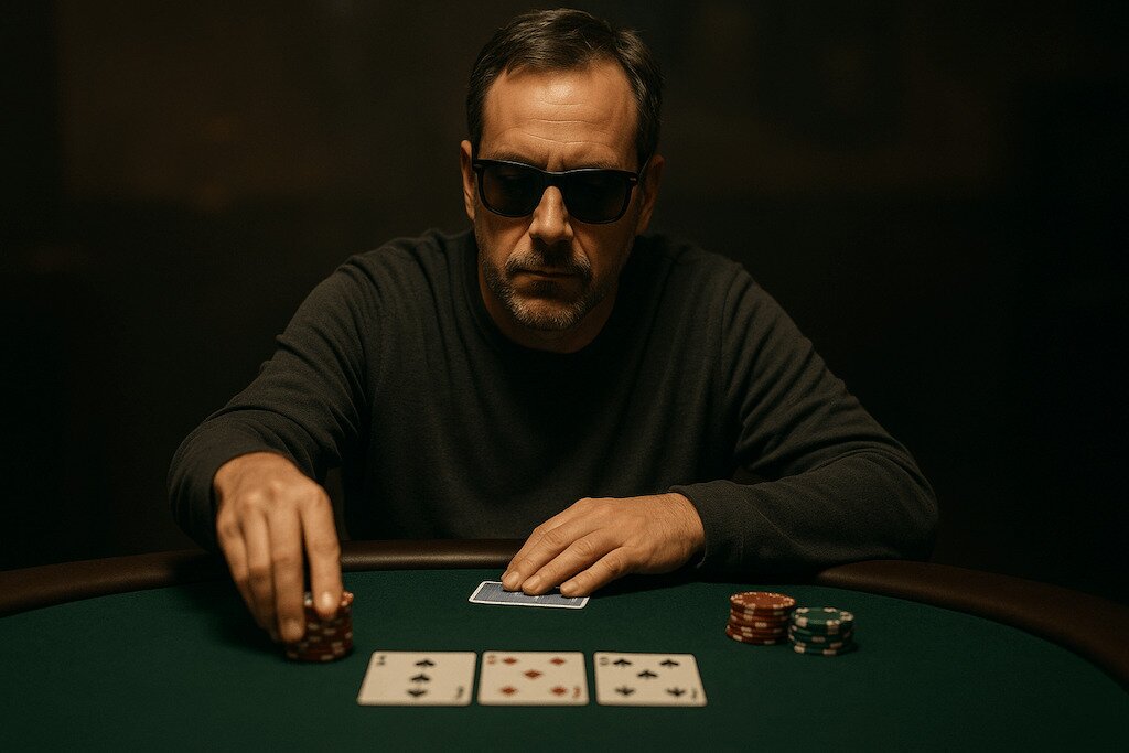 Middle aged man in dark background placing a 3 bet at a poker table