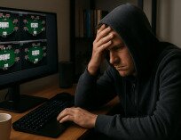 a man in a hoodie trying to handle mtt tournament variance