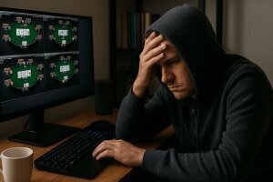 a man in a hoodie trying to handle mtt tournament variance