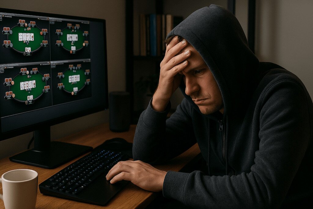 a man in a hoodie trying to handle mtt tournament variance