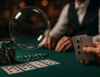A bubble hovering over the 4 whole cards with a hand holding an ace and a ten