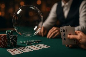 A bubble hovering over the 4 whole cards with a hand holding an ace and a ten