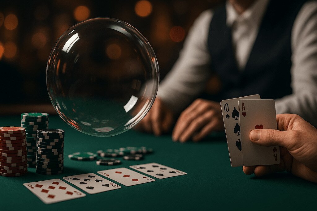 A bubble hovering over the 4 whole cards with a hand holding an ace and a ten